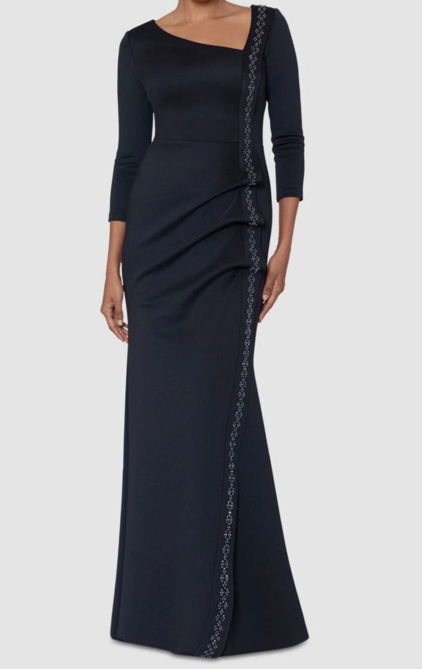 Xscape Ruched Black Gown Dress Size 4 NWT Ruffle Design Beaded Embellishments